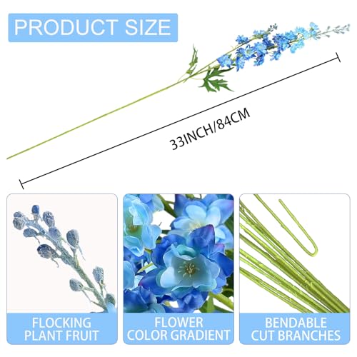 5pcs Blue Delphinium Artificial Flowers, 33" Silk Larkspur Faux Flower with Long Stem Fake Bouquet for Tall Floor Vase Kitchen Home Indoor Hyacinth Floral Plant 4th of July Centerpiece Decor