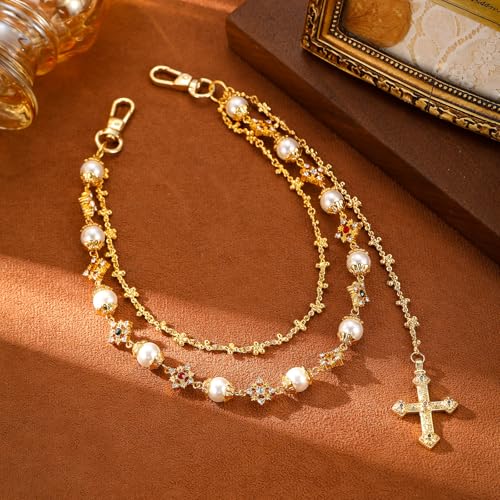 GZQ Layered Gold-tone Pants Chain for Women Men Cross Luxury Pearl Wallet Chain Jean Chains for Women Jewelry(NN37)4