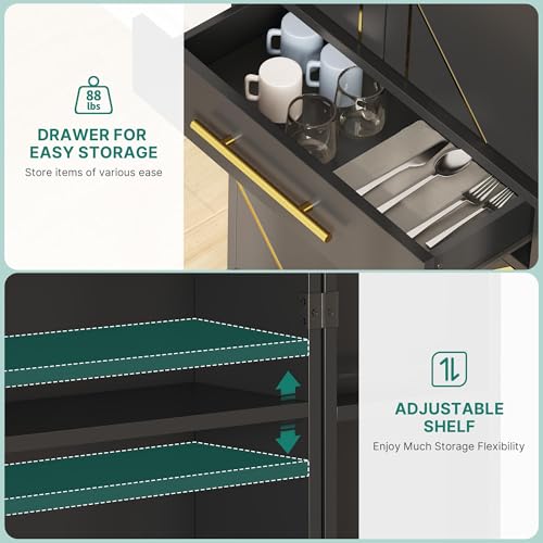 DWVO 72" Kitchen Pantry Storage Cabinet, Tall Modern Food Buffet Cabinets with Drawer & Adjustable Shelves & Door Rack, Freestanding Wood Storage Cupboard for Dining Room, Living Room, Bathroom, Black