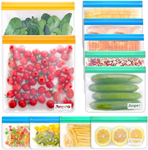 Anpro Reusable Food Storage Bags-11 Pack Reusable Storage Bags (2 Gallon Reusable Freezer Bags, 5 Reusable Sandwich Bags, 4 Reusable Snack Bags) Silicone Bags for Lunch, Extra Thick, Leak Proof, BPA Free