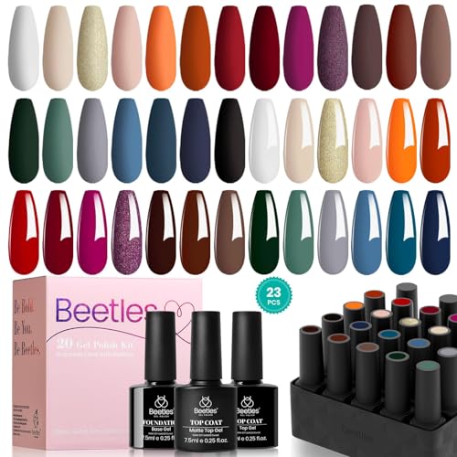 Beetles 20 Gel Nail Polish Glowing Attraction Set Nude Gray Red Blue Glitter Black Gel Nail Polish Starter Kit with Glossy Matte Top Coat Base Coat