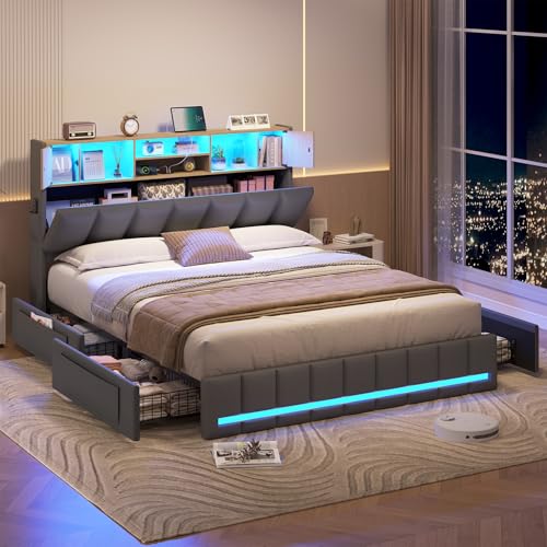 KIMENICH Lit 160 x 200, Lits Double avec LED et Multiprise, Cadre de Lit en Métal avec 4 Tiroirs, Tête de Lits en Bois Capitonnée avec 7 Compartiments, Lits 160 x 200...