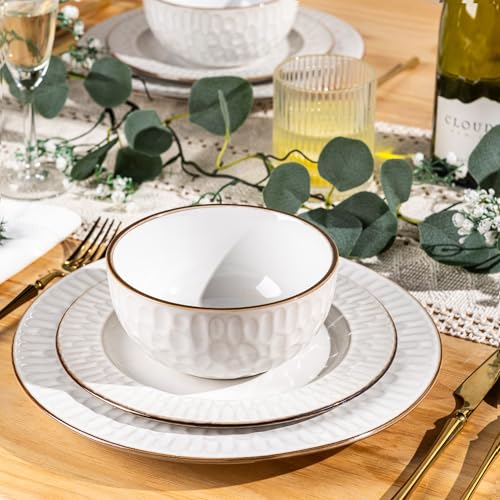 Image of GBHOME Ceramic Dinnerware Sets, 24 pcs Embossed Elegant Stoneware Plates and Bowls Sets, Housewarming Wedding Gift | Dishwasher & Microwave Safe | Dishes Set Service for 8
