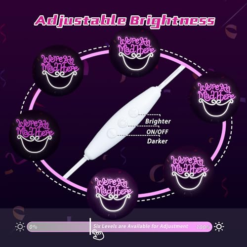 Image of Mad Hatter's Tea Party Neon Sign We're All Mad Here Inspirational Light for Wall Art Decor Cheshire Cat's Grin Neon Sign Unique Wall Decor for Book Lovers and Movie Fans Birthday Party Gifts 12.8*11.3
