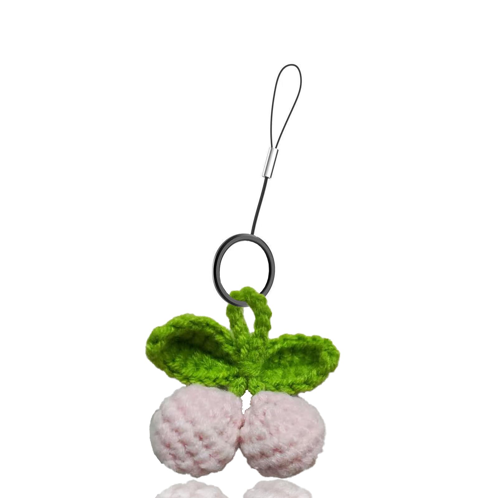 Wuryuema Crochet Cherry phone charm,Cute Universal Kawaii Fruit Cell Phone Lanyard Ring,Handmade Phone Case Accessories for Bag Key Airpods Camera Pendants Decor