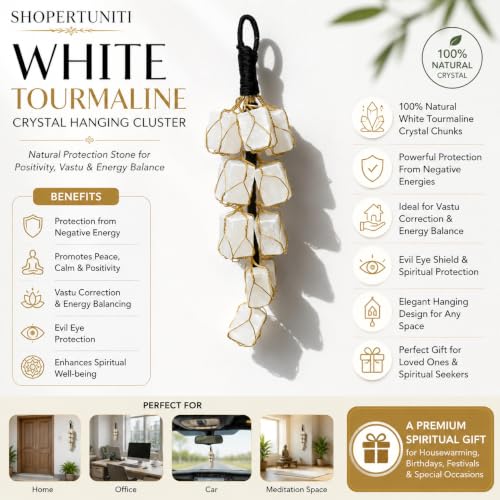 Image of White Tourmaline Crystal Rough Tumble Chunks, Natural Stone for Protection, Vastu Correction, Negative Energy Shield, Evil Eye Protection, Hanging Ornament (White)