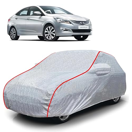 Image of Sulfar 100% Waterproof Car Body Cover Compatible with Mirror for Hyundai Fluidic Verna (Triple Stitched, Full Bottom Elastic, Magic Silver with Red Piping)