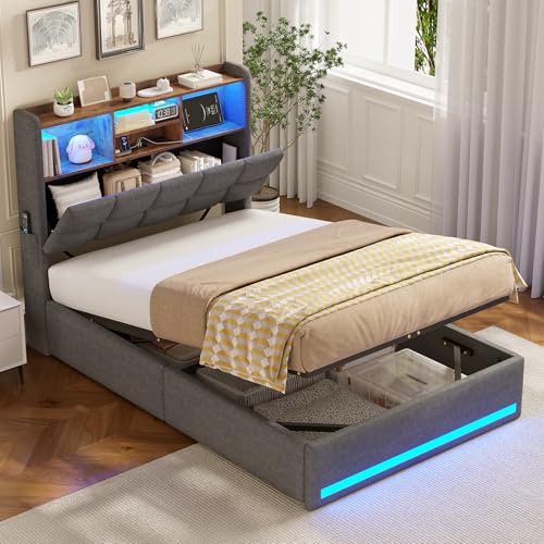 AOGLLATI Polsterbett 90×200cm Kinderbett mit Ladestation & LED-Bleuchtung Hydraulisches Stauraumbett Jugendbett Einzelbett mit Stauraum Kopfteil, Leinenstoff, ohne Matratze(Grau, 90x200cm)
