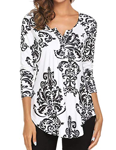 Kimiee Women's Long Sleeve Henley Shirts Blouse Paisley Printed V Neck Casual Tunic Tops (Black, M)