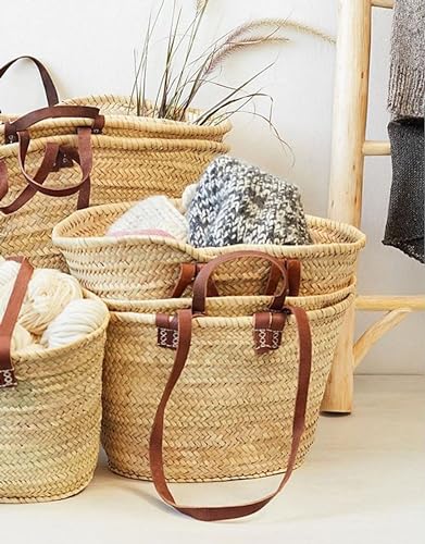 Bolso de paja con asas planas de cuero doble miniatura 2