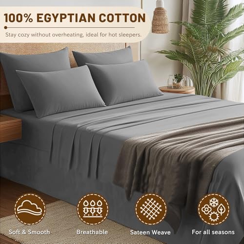 MEISHANG Cotton Sheets Queen Size - 600 Thread Count Sateen Sheet Set - Soft, Breathable, Cooling Egyptian Cotton with Deep Pocket - 4 Pieces(Silver Grey)