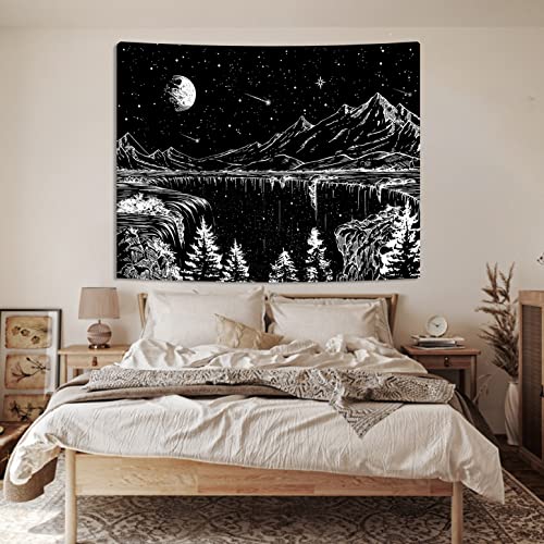 Simpkeely Black and White Tapestry Starry Night Tapestry Mountain Moon Stars Wall Hanging Tapestries for Bedroom Living Room - Image 4