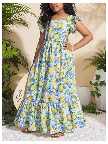 Girl's Lemon Floral Maxi Dresses Bow Back Ruffle Cap Sleeve Boho Flowy Summer Dresses4
