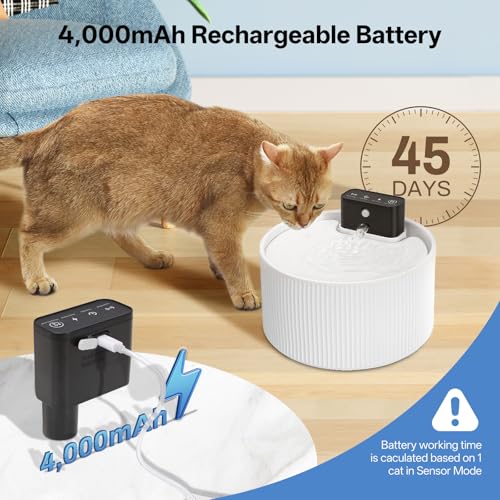 2.2L Ceramic Wireless Cat Water Fountain, Automatic Cat Water Dispenser 4000mAh Rechargeable Battery Operated, Ultra Quiet Cordless Pet Drinking Fountain with Motion Sensor(Porcelain White) - Image 4