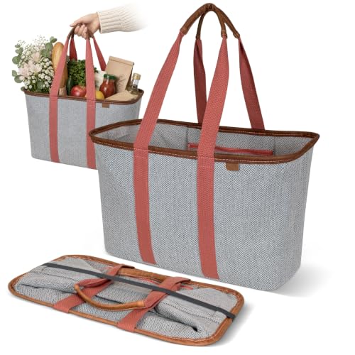 Image of CleverMade Collapsible Tote LUXE, 30L Structured Tote Bag with Handles | Pack It All Without the Floppy-Bag Fight | Steel Rim Stays Open, Soft Grips Carry 30 lb, and Tote Folds to 1.5 Inches