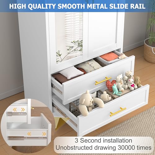 Image of GAIOUS Steel Armoire Wardrobe Closet with Mirror and 2 Drawers 71 inch White