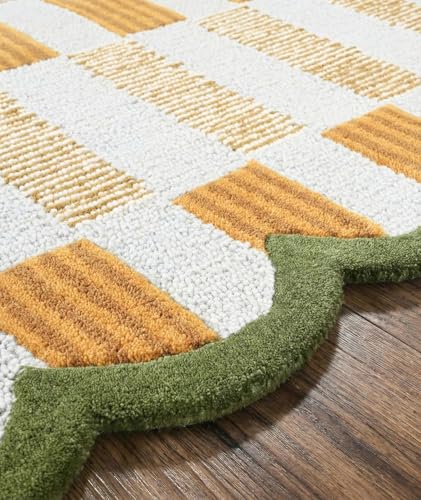 Image of Sifa Carpet Crafted with Care: Premium Hand-Tufted Wool Carpets Scalloped Edges Handmade Area Rugs, Living Room, Bedroom Green, Ivory Color Size 5x7 feet (150x210cm)