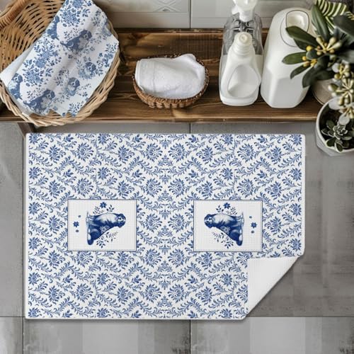 Image of Chinoiserie Bernese Mountain Dog Kitchen & Hand Towels Set of 2, Blue and White Floral Dog Dish & Tea Towels for Kitchen Bathroom Decor, Vintage Toile Dog Lover Gifts for Women 16x24 Inch