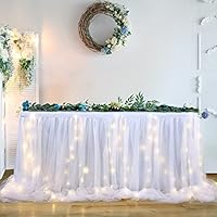 HBBMAGIC Weiß Tüll Tischrock Mit Licht, 2-Langer 427cm Lang Weiß Rüschen Tulle Tischröcke, Waschbarer Tutu Tischrock für Hochzeit Party Geburtstag Babydusche Kuchen Dessert Taufe Tisch