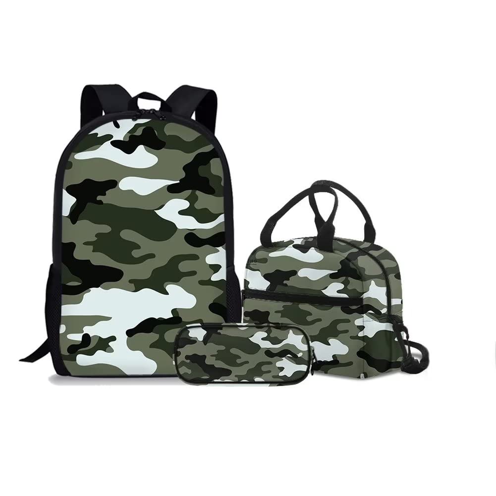 Rnyleeg Girls Boys School Bags Kids Bookbags Teens Bookbag Set Kids Laptop Backpack Lunch Box Purse Pencil Bags, 3-Piece Set BookBags Green Camo
