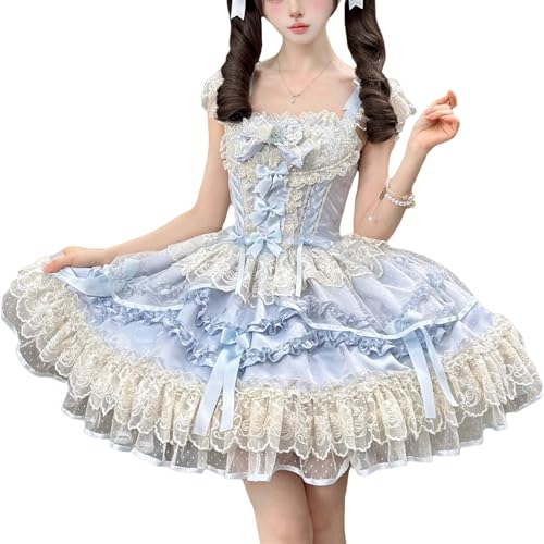Cuteighteen Lolita Short Dress Teens Summer Sleeveless Kawaii Lace Cute Graduation Cocktail Party Halloween Junior Dresses (US, Alpha, Small, Regular, Regular, Blue)