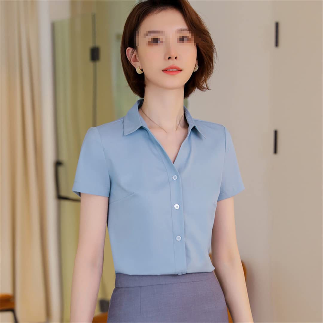 Oficina señoras Trabajo Formal Camisa Mujer Manga Corta Verano Cuello en V Slim Negocios Formal Gasa Blusas Blue XL