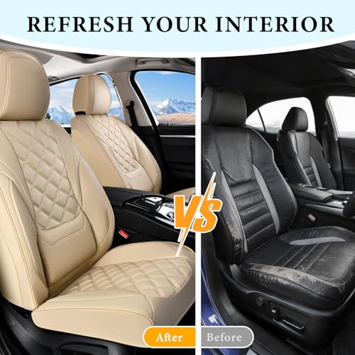 Image of Car Seat Covers, Luxury Leather Seat Cover for Cars, Front Seat Covers, Car Seats Protector Waterproof, Faux Leather Car Seat Cushions, Universal Automotive Seat Covers for Most Cars SUV Trucks, Beige