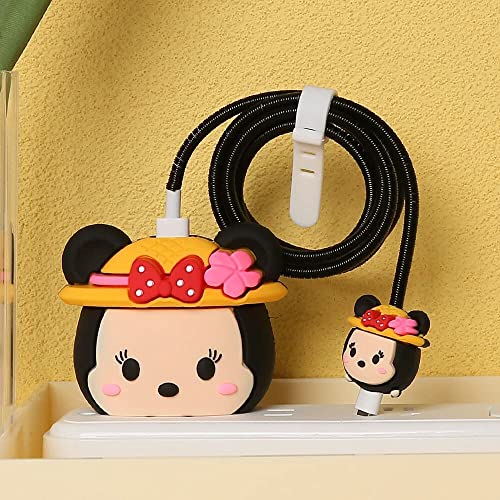 Image of Cartoon 3D Design Protective Case for 18W 20W iPhone 14 13 12 11 Pro Max Fast Charging Cable Adapter Charger, Cute Cartoon Lightning Data Cable Case for iPhone Charger-(New Minnie)
