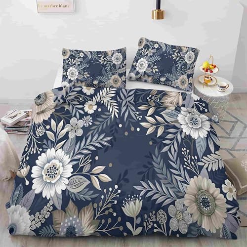 Housse de Couette 160x200 FleursBleu 3 Pièces : Parure de Lit Microfibre