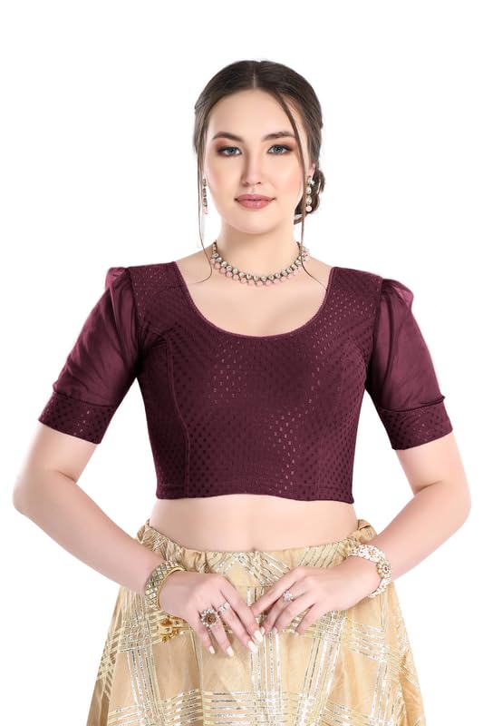 Image of FINESTFIT Stay On Trend Fashion 100% Cotton Readymade Blouses for Women,Round Neckline with Organza Balloon Sleeves.