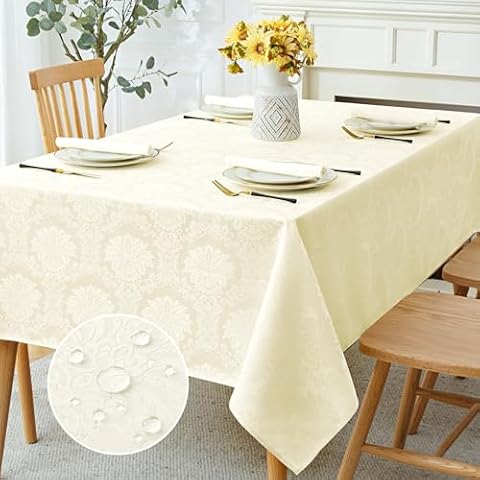 Romanstile Jacquard Rectangle Tablecloth - Waterproof Elegant Vienna Damask Pattern Table Cloths Washable Polyester Decorative Table Covers for Dinner/Parties/Outdoor - 60 x 104 Inch, Ivory Cover