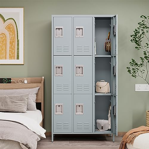 Image of Metal Locker with 9 Doors Employees Locker, Metal Storage Locker with Hooks, 71 inch Storage Cabinet Lockers for Employees, Home, Office, Gym Requires Assembly (9 Doors, Grey)