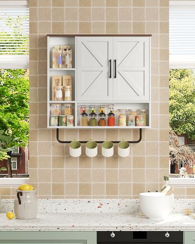 Bathroom Wall Cabinet, Medicine Cabinet Wall Mounted, Over Toilet Storage Cabinet, Wall Cabinet with Towel Bar, Open and Hidden Storage Space, for Bathroom Living Room Kitchen White and Walnut - Image 6