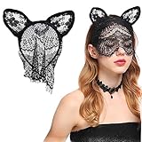 AsggBah 1pack Black Lace Cat Ears Masquerade Mask Half-faced Lace Cover for Halloween Christmas Carnival Party Costume Women Girls (Headband)