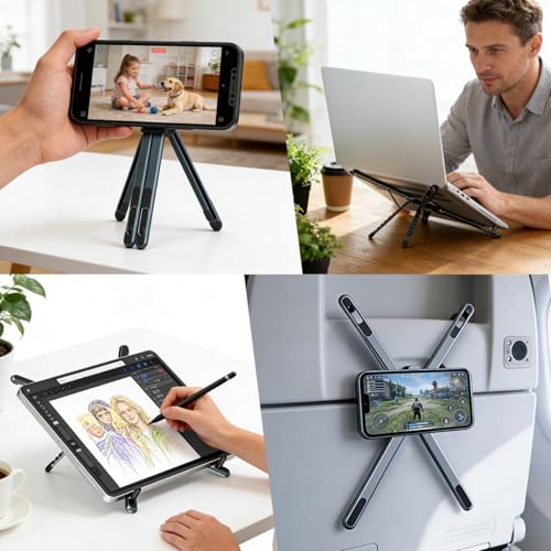 Image of ZORBES Aluminum Alloy Folding Magnetic Phone Holder Multi Desk Mount 8-Level Adjustable Height Laptop Riser Portable Bracket 4-13'' Mobile Stand for for Phone, Tablet, Laptop