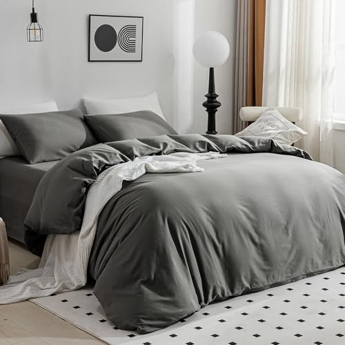 Image of JELLYMONI Gray Duvet Cover Full Size - 100% Washed Cotton Linen Like Textured Comforter Cover, 3 Pieces Breathable Soft Bedding Set with Zipper Closure (Dark Gray, Full 80 inchx90 inch)