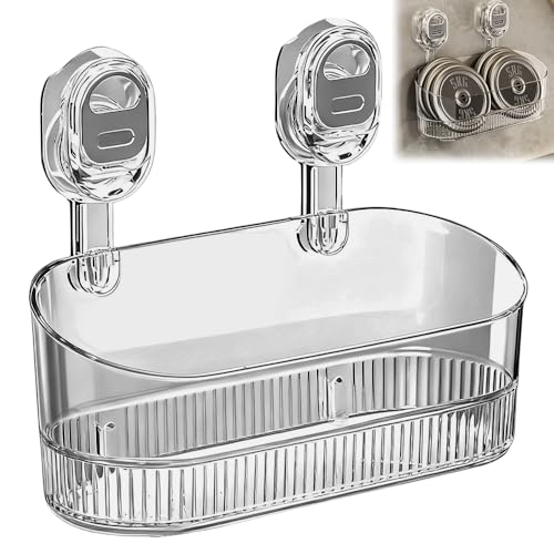 No Drill Bathroom Suction Storage Box 2026 New Suction Cup Shelf Multi Functional Wall-Mounted Organizer for Home Bathroom Modern Transparent Storage Basket for Family (Grey)