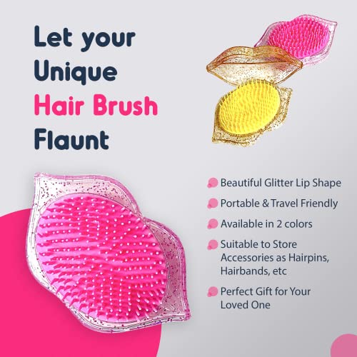 Travel Hair Brush - Detangling Mini Small Glitter Lip Shaped Comb For All Hair Types | No Pain No Handle Portable Hair Brush For Women & Kids | Suitable For Storage Accessories (Pink) #TOP2