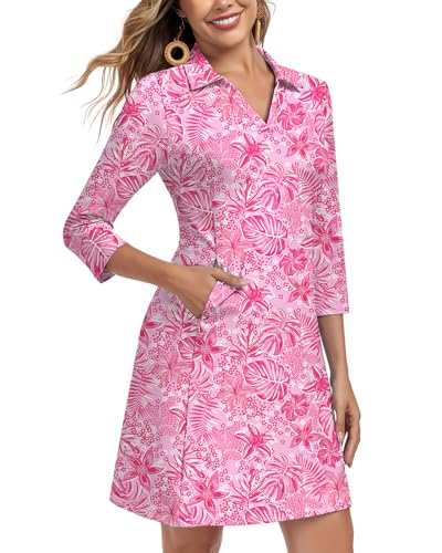 Image of WOWENY 3 /4 Sleeve Dress for Women with Pockets V Neck UPF 50+ Casual Sun Dress Breathable Quick Dry Beach Vacation
