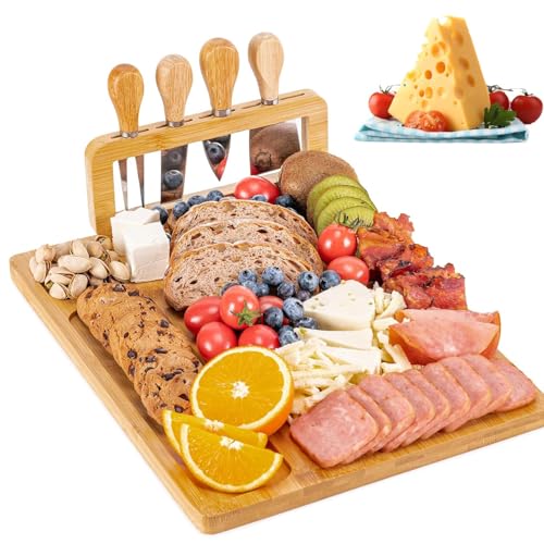 Bamboo Charcuterie Board Large Cheese Board Set with 4 Piece Knif...