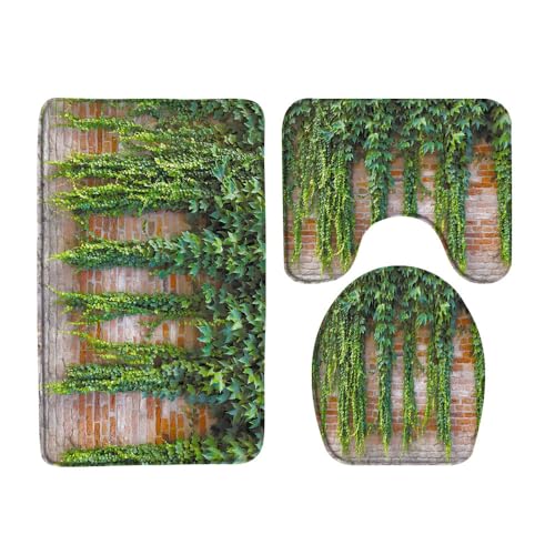 VPUPCN Brick Wall 3 Pcs Bath Rugs Set,Green Leaf Ivy Plant Rustic Rocks Stone Wall Natural Farmhouse Botanical Bathroom Kitchen Rug with 17.8