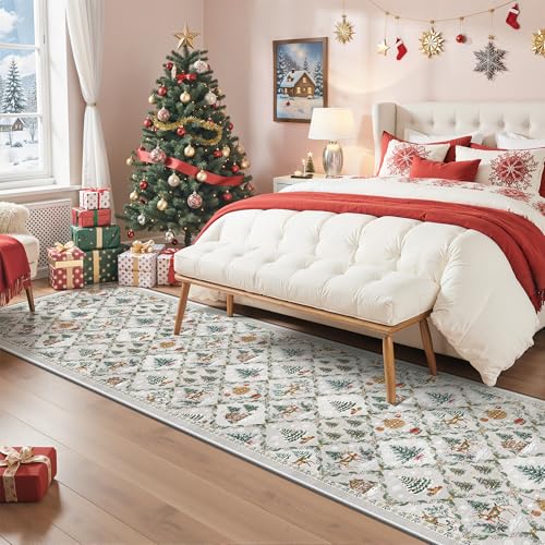 Madane Christmas Runner Rug 2x8, Washable Grey Hallway Runner Rugs, Non-Slip Low-Pile Soft Kitchen Rug, Vintage Xmas Holiday Decor Throw Entry Foyer Mat for Entrance Laundry Living Room