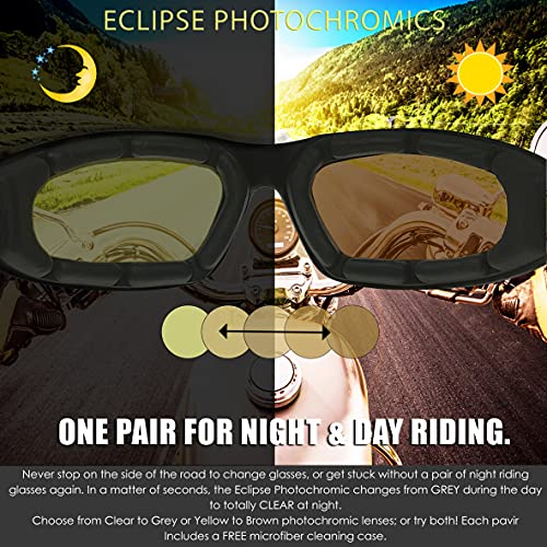 Bikershades Motorcycle Day Night Transitional Safety Photochromic Glasses Yellow to Brown Women Chrome Black Frame with Rhinestones3