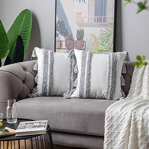 DEZENE Boho Throw Pillow Covers: 2 Pack 100% Cotton Woven Tufted Decorative Square Pillowcases with Tassels for Couch Sofa Bed, Accent Cushion Covers for Farmhouse, Kids, 18 x 18 Inch Grey - Thumbnail 5