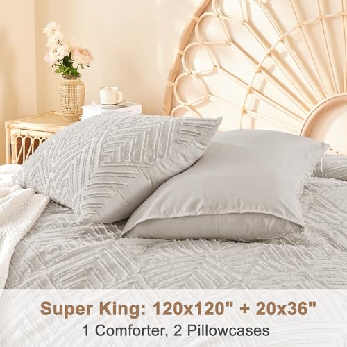 Image of Litanika Super King Comforter Linen Grey, 3 Pieces Tufted Boho Farmhouse Bedding Comforter Set, Lightweight Fluffy All Season Comforter Set (120x120In Comforter & 2 Pillowcases)