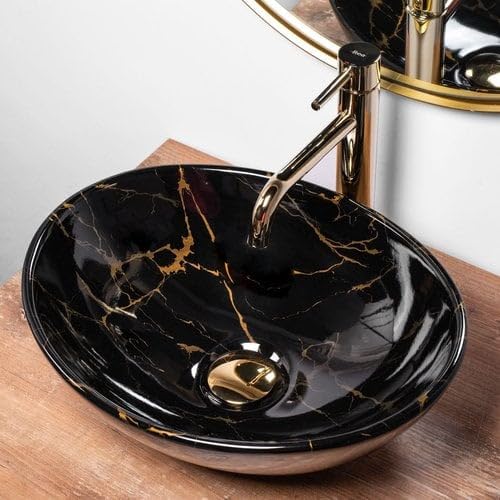 REMOTION Wash Basin Countertop | Oval Shape Wash Basin For Bathroom | Tabletop Ceramic Bathroom Sink (16 x 13 x 5.5 Inch) (Glossy Black Gold Wash Basin) (B0CM3YR1DW) Amazon Price History, Amazon Price Tracker