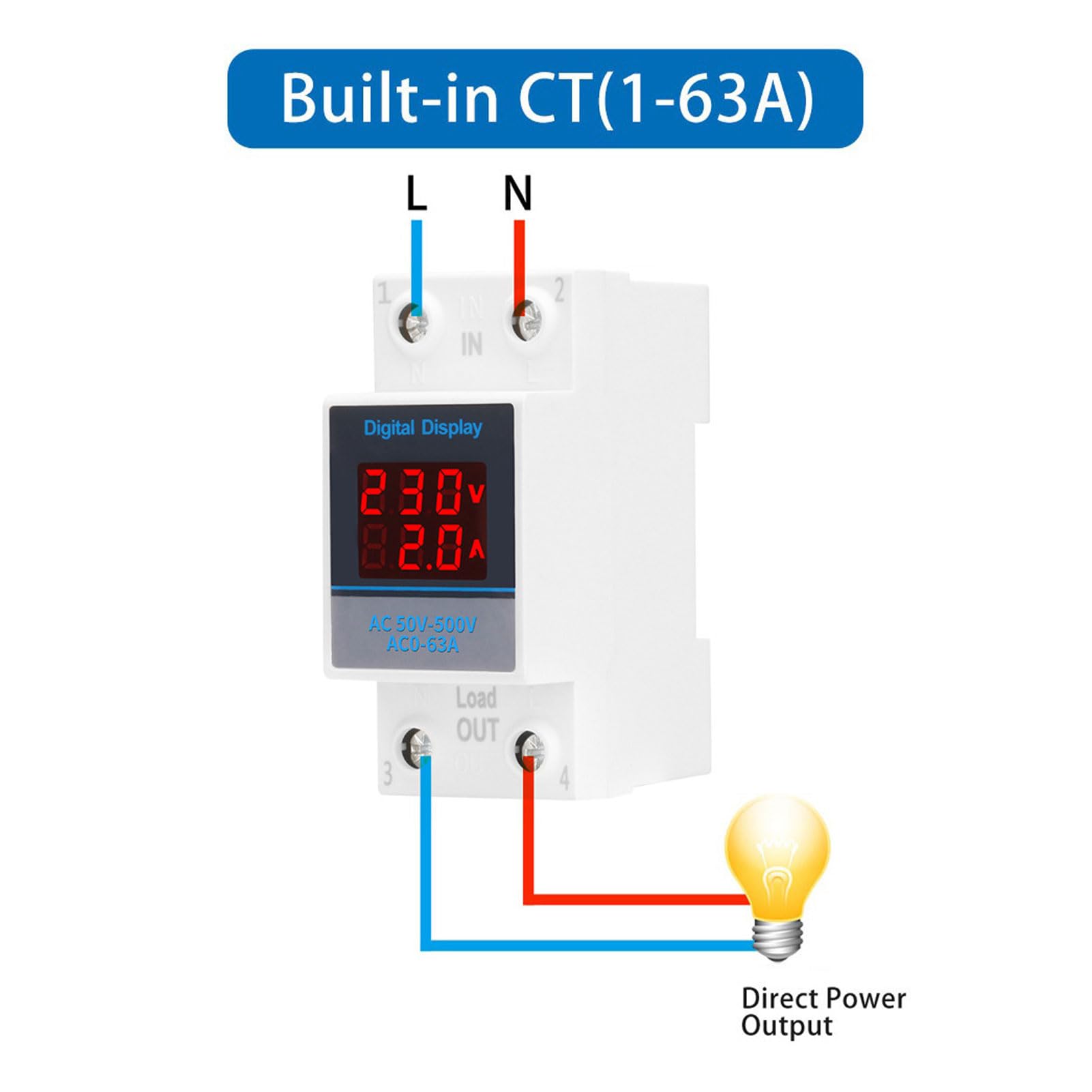 SDM002 Voltmetro Amperometro Guida DIN 35mm - Doppio Display LED per Monitoraggio Tensione/Corrente AC50-500V, Precisione ±2% con Trasformatore Integrato