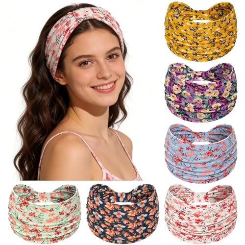 Image of Awumbuk Wide Headbands for Women Knotted No Slip Head Bands Soft Turban Headband Hair Accessories Boho African Solid Color Head Wraps for Women Yoga Workout (Floral purple)