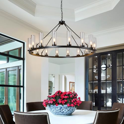 Image of 16 Light Large Wagon Wheel Chandelier with Clear Glass Shade Black Round Pendant Light Farmhouse Industrial Chandeliers Dining Room Light Fixture for Stair Living Room Foyer Kitchen
