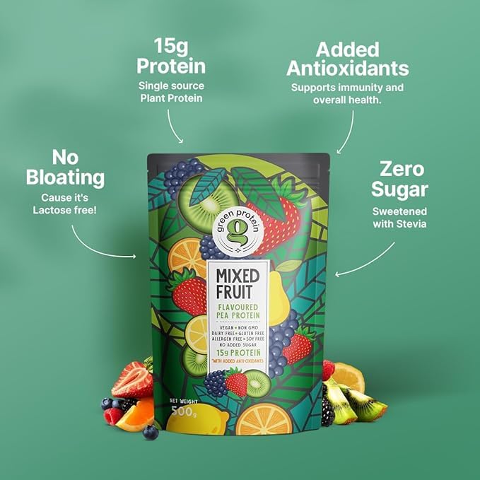 Image of GREEN PROTEIN Protein Isolate Powder, Plant Protein, No Added Sugar, 100% Vegan, Soy Free, Dairy Free, Gluten Free, Allergen Free, 15g Protein Per Serving, Pouch (500g) (Mixed Fruit (500g))